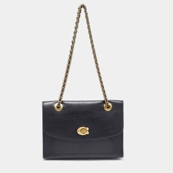 Coach Black Leather Small Parker Chain Flap Shoulder Bag