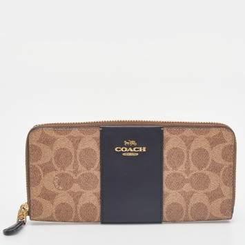 Pre Owned Coach Beige/Black Signature Coated Canvas and Leather Accordion Zip Around Wallet