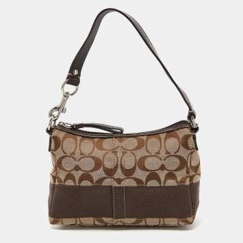 Pre Owned Coach Brown/Beige Signature Canvas and Leather Baguette Bag 