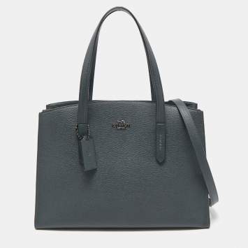 Pre Owned Coach Dark Teal Grained Leather Charlie Carryall Satchel