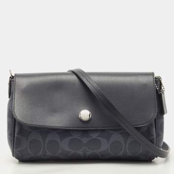 Coach Navy Blue Signature Coated Canvas and Leather Reversible Flap Crossbody Bag