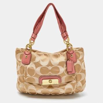 Pre Owned Coach Beige/Pink Op Art Canvas and Leather Kristin Shoulder Bag
