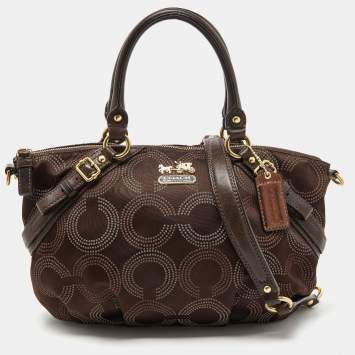 Coach Dark Brown Op Art Signature Satin and Leather Madison Satchel