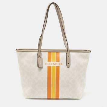 Coach White/Taupe Signature Coated Canvas and Leather City Tote