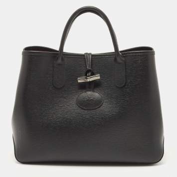 Pre Owned Longchamp Black/Rust Leather Roseau Tote