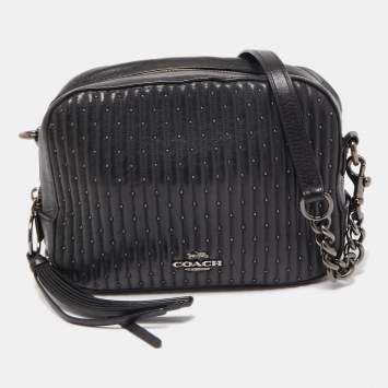 Coach Black Quilted Leather Studded Camera Crossbody Bag