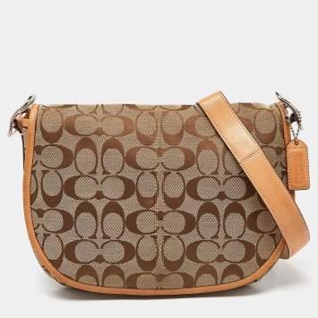Pre Owned Coach Beige Signature Canvas and Leather Flap Crossbody Bag