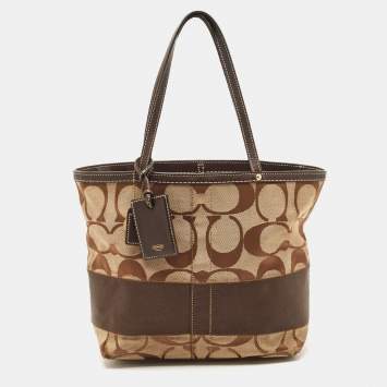 مملوكة مسبقًا Coach Beige/Brown Signature Canvas and Leather Stipe Tote