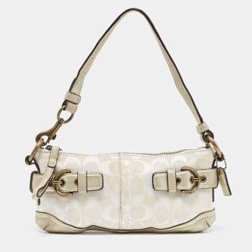 Coach Pale Gold/Beige Signature Canvas and Leather Baguette 