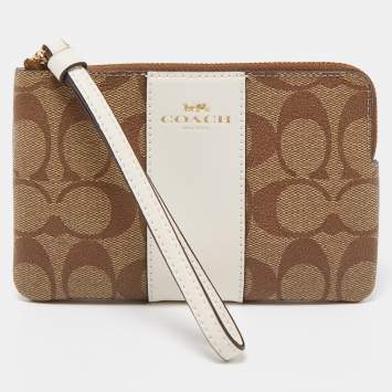 Coach Beige Signature Canvas and Leather Corner Zip Wristlet
