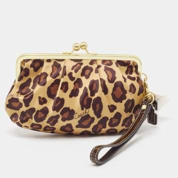 Coach Gold Leopard Print Satin Ocelot Kisslock Wristlet Clutch