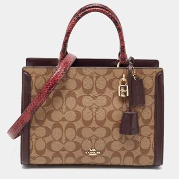 Pre Owned Coach Burgundy/Beige Signature Coated and Leather Zoe Carryall Tote