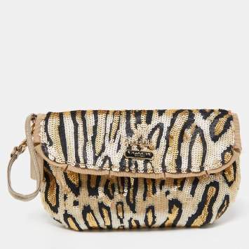 Pre Owned Coach Multicolor Zebra Effect Sequin Wristlet Pouch