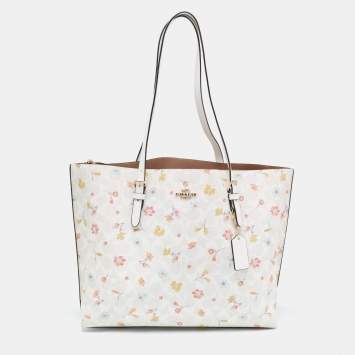 Pre Owned Coach White Signature Coated Canvas and Leather Floral Print City Tote
