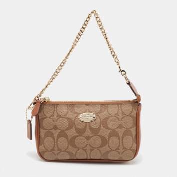 Pre Owned Coach Beige/Tan Signature Canvas And Leather Nolita Chain Clutch 