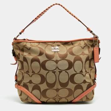 Pre Owned Coach Beige/Orange Signature Canvas and Patent Leather Katarina Hobo