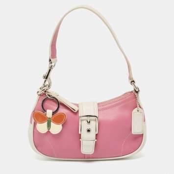 Coach Pink/White Leather Hampton Buckle Baguette Bag