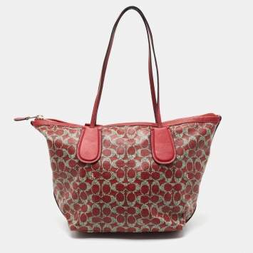 Pre Owned Coach Red/Grey Signature Coated Canvas and Leather Taxi Zip Tote