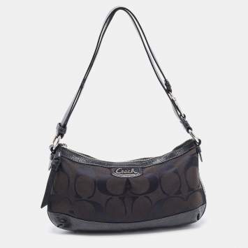 Pre Owned Coach Black Signature Canvas and Patent Leather Shoulder Bag