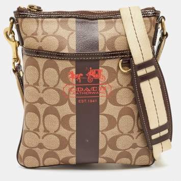 مملوكة مسبقًا Coach Dark Brown/Beige Signature Coated Canvas Crossbody Bag