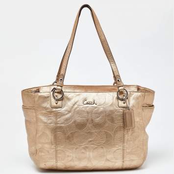 Pre Owned Coach Gold Signature Embossed Leather East West Gallery Tote