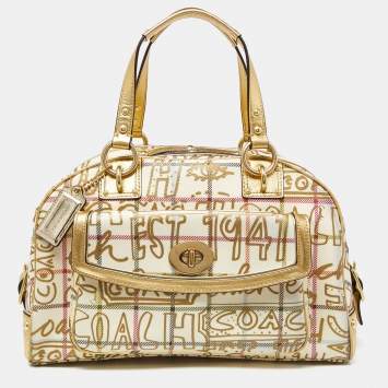 Pre Owned Coach Gold PVC and Leather Graffiti Tattersall Satchel