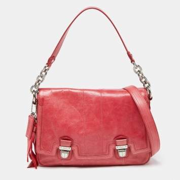 Pre Owned Coach Coral Pink Leather Poppy Flap Shoulder Bag