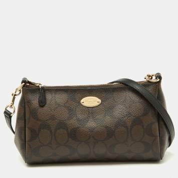 Coach Brown/Black Signature Coated Canvas and Leather Zip Crossbody Bag
