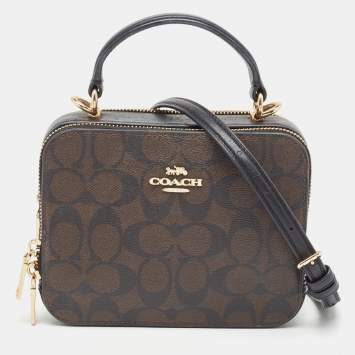Coach Brown/Black Signature Coated Canvas and Leather Box Top Handle Bag