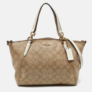 Pre Owned Coach Tri Color Signature Coated Canvas  and Leather Small Kelsey Satchel