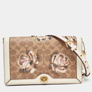 Pre Owned Coach Beoge/Old Rose Signature Coated Canvas and Leather Rose Embellished Riley Crossbody Bag
