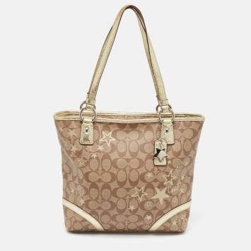 Pre Owned Coach Beige/Gold Signature Coated Canvas and Leather Heritage Star Tote