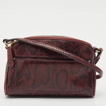 Pre Owned Cole Haan Burgundy Snakeskin Embossed Leather Zip Crossbody Bag