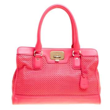 Pre Owned Cole Haan Pink Laser Cut Leather Vintage Valise Novelty Kendra Tote