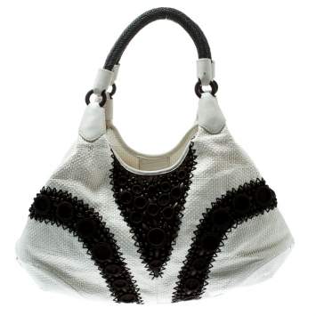 Pre Owned Cole Haan White/Brown Woven Leather Beaded Hobo
