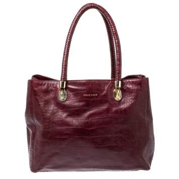 Pre Owned Cole Haan Burgundy Croc Embossed Leather Tote 