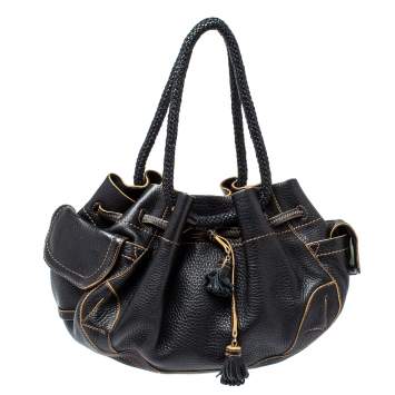 Pre Owned Cole Haan Black Leather Drawstring Braided Handle Hobo