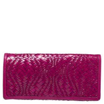 Pre Owned Cole Haan Fuchsia Woven Leather Flap Clutch 