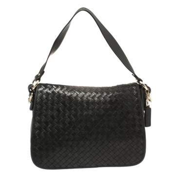 Pre Owned Cole Haan Black Woven Leather Flap Shoulder Bag
