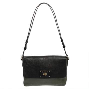 Pre Owned Cole Haan Green/Black Leather and Croc Embossed Leather Flap Shoulder Bag