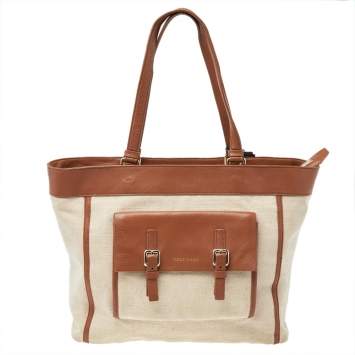 Pre Owned Cole Haan Beige/Brown Canvas And Leather Tote