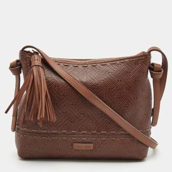 Pre Owned Cole Haan Brown Woven Leather Tassel Crossbody Bag