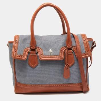 Pre Owned Cole Haan Blue/Tan Denim and Leather Flap Brooke Tote 