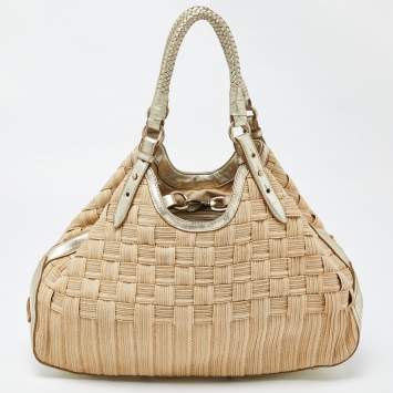 Pre Owned Cole Haan Beige/Gold Woven Canvas and Leather Satchel