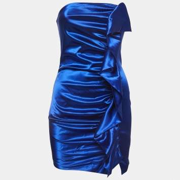 Pre Owned Collini Royal Blue Satin Ruched Strapless Mini Dress S