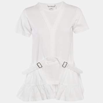 Pre Owned Comme des Garcons White Cotton and Cotton Knit Belt Detail Ruffled Top M