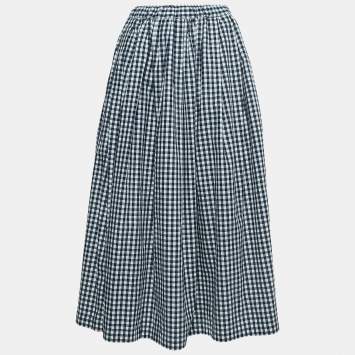 Pre Owned Comme des Garcons Navy Blue Checked Cotton Drawstring Midi Skirt M