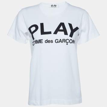 Pre Owned Comme Des Garcons Play White Logo Print Cotton Crew Neck T-Shirt L