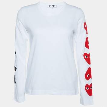 Pre Owned Comme des Garcons Play White Logo Print Cotton Long Sleeve T-Shirt M