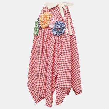 Pre Owned Comme des Garcons Red Floral Applique Gingham Cotton Asymmetric Wrap Skirt S